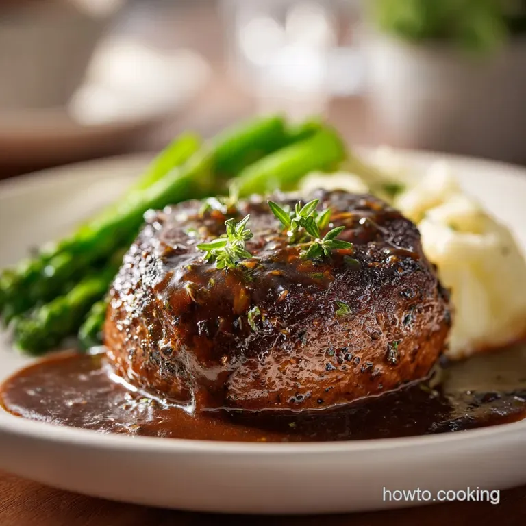 A perfectly formed hamburger steak, glistening with savory onion gravy, artfully plated with vibrant green peas.