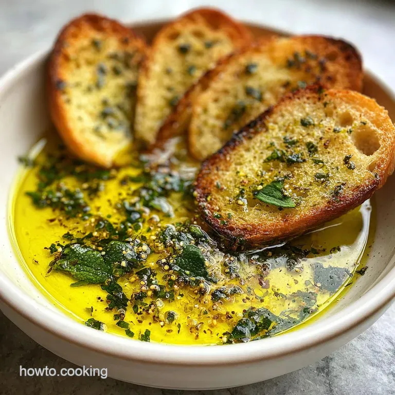 Elegant presentation of olive oil dip in a small bowl. Dark green herbs, red pepper flakes create a visually appealing, ap...