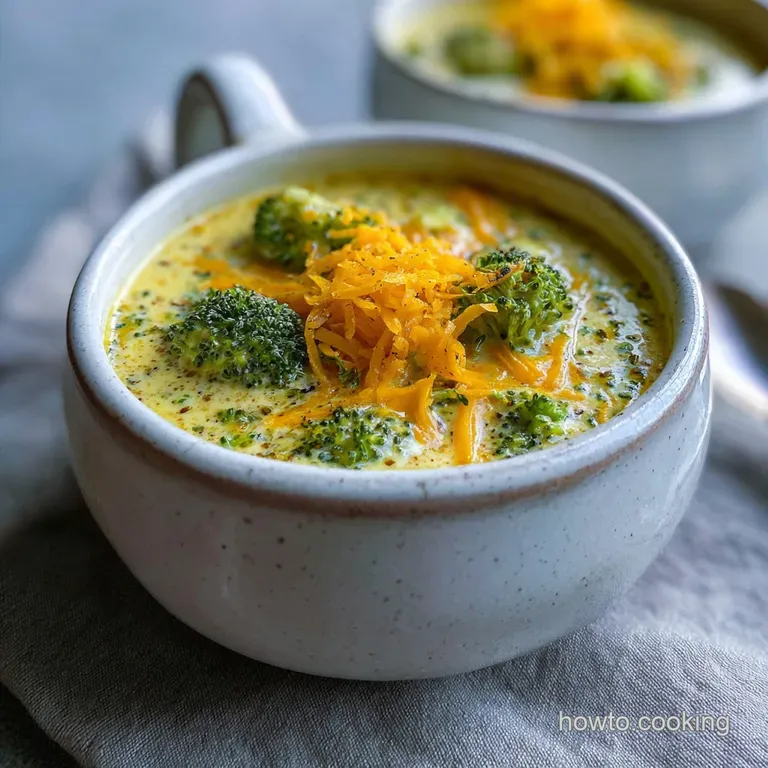 Elegant bowl of broccoli cheddar soup, vibrant green flecks, topped with crunchy croutons. Steam rises from the creamy dep...