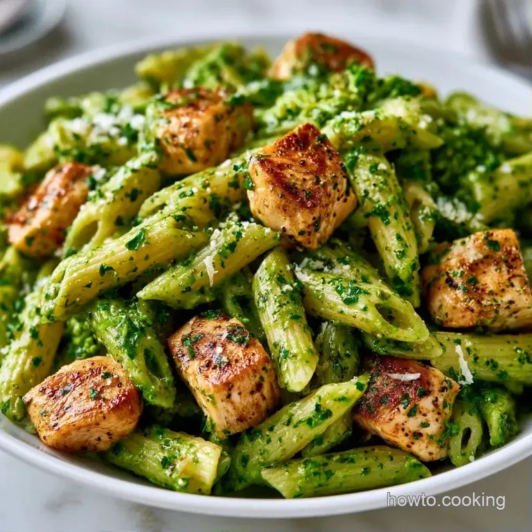 Elegant swirl of creamy green pasta and golden chicken breast topped with parmesan curls on a clean white plate.