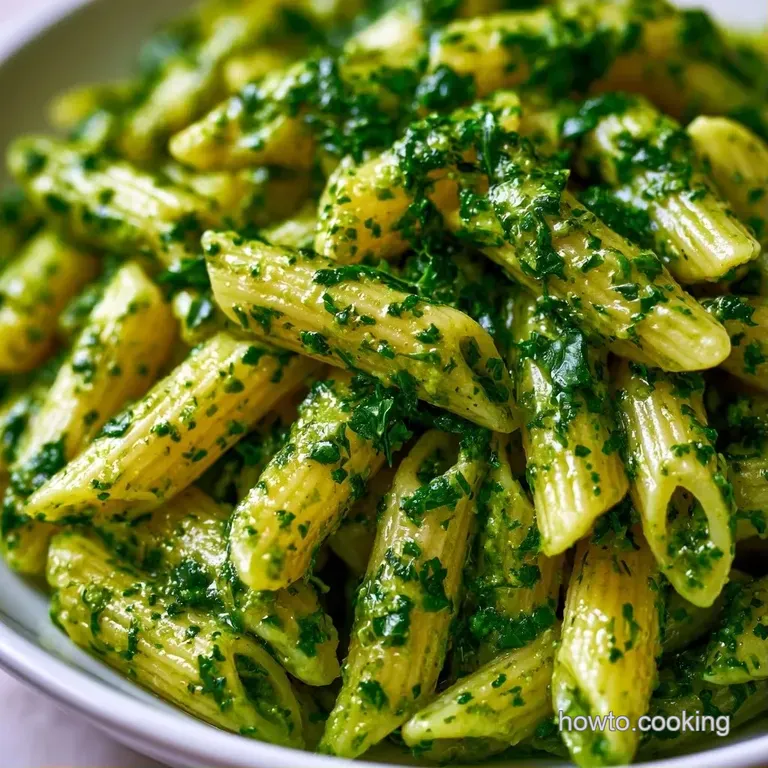 Elegant white plate with twirled pasta coated in a rich green sauce, topped with a fresh basil sprig and pepper.
