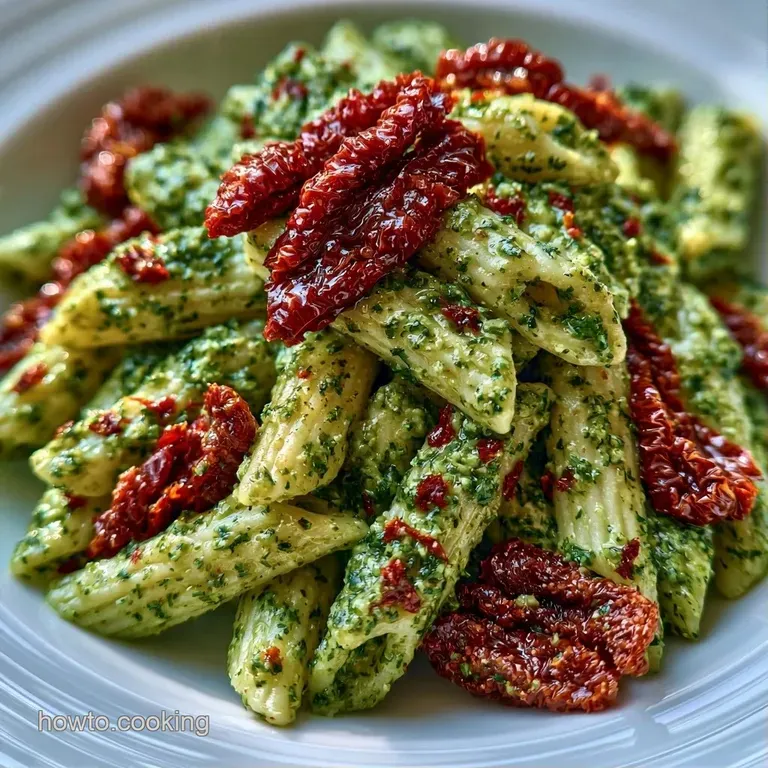Elegant swirl of pasta coated in a rich red pesto sauce, served in a white bowl with a fresh green basil garnish.