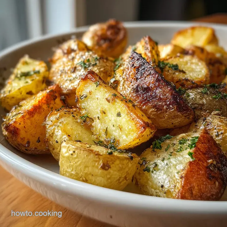 Crisp roasted potatoes, artfully arranged on a white plate, steam rising. Sprinkled with fresh herbs and a drizzle of oliv...
