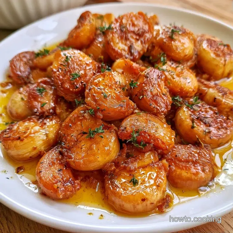 Tender, pale gold garlic cloves elegantly arranged in a small ceramic bowl with a sprig of fresh green thyme.