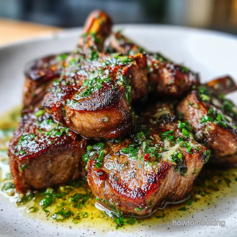Beautifully seared lamb chops fanned out on a white plate, garnished with fresh rosemary sprigs and a swirl of sauce.