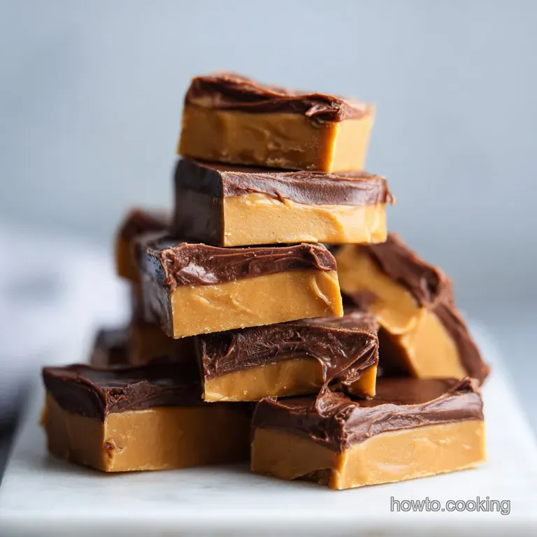 A slice of peanut butter fudge on a small plate, showing the dense texture and layers of chocolate and peanut butter.