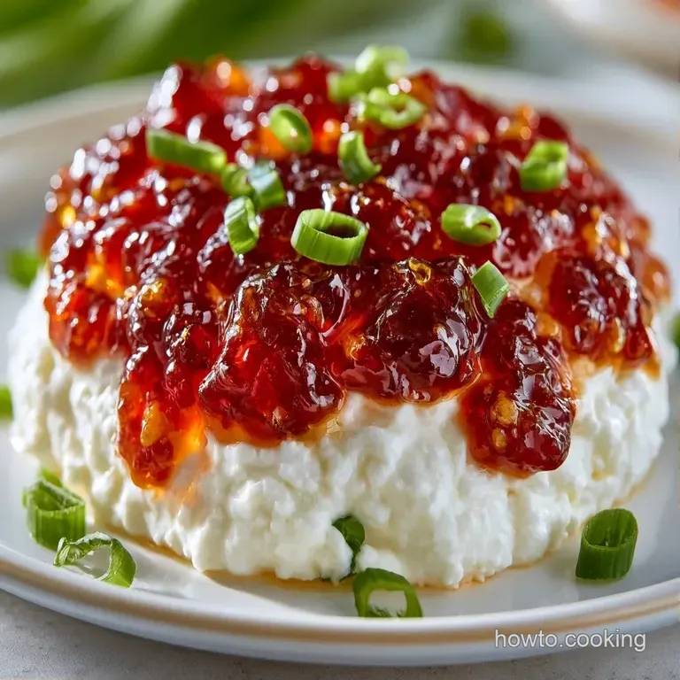 Smooth white cheese topped with a vibrant, translucent red glaze on a marble slab with artisan golden-brown crackers.