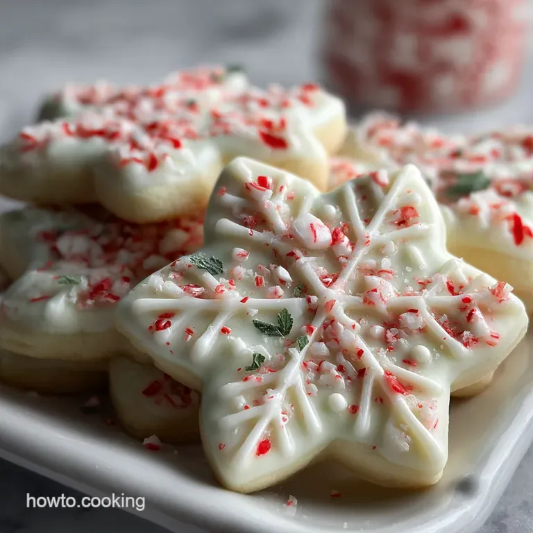 A stack of three peppermint cookies, their peppermint swirls catching the light, served on a white plate with a sprig of r...