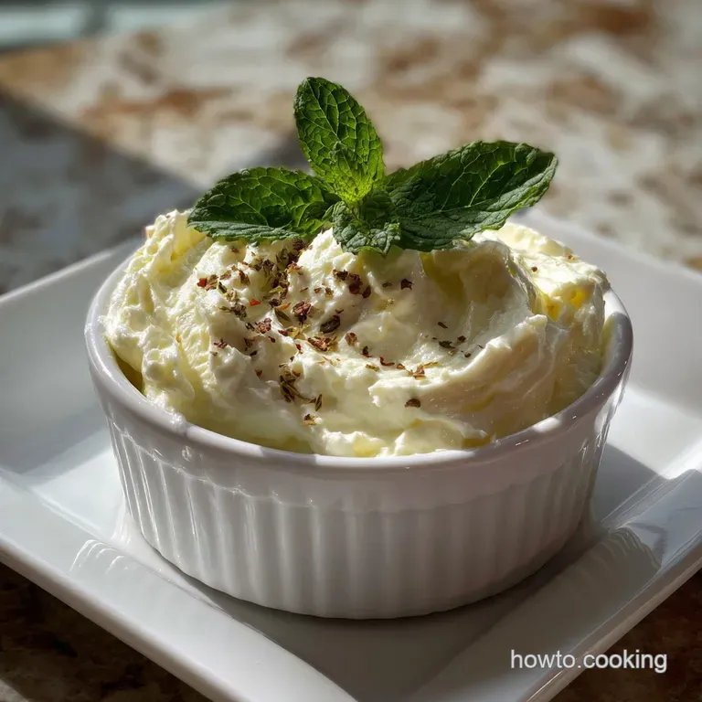 Elegant glass serving dish filled with chilled peppermint cream cheese dip, sprinkled with festive red and white candy can...