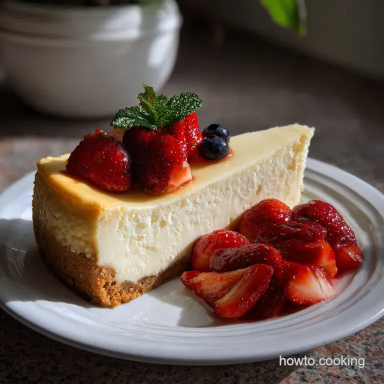 Creamy, ivory-colored cheesecake slice with a perfectly smooth top, garnished with a vibrant red berry and a dusting of po...