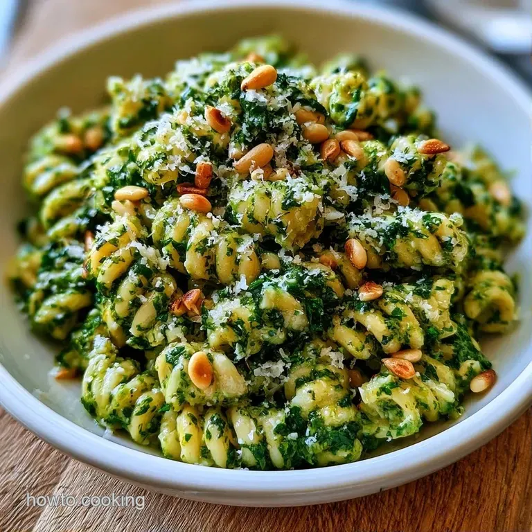 Tightly twirled pasta coated in emerald sauce, garnished with a fresh basil leaf and a drizzle of golden oil.