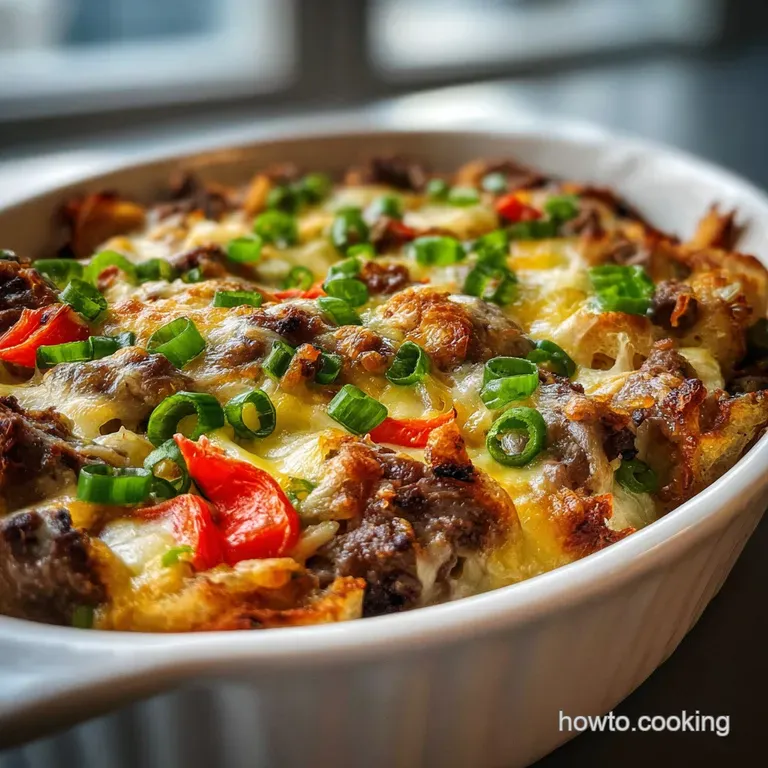 Creamy cheesesteak casserole slice oozing with melted cheese, nestled beside crisp green lettuce. Savory, inviting, and re...