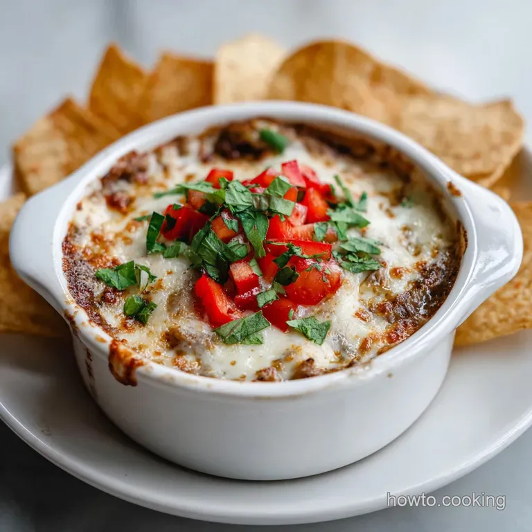 Creamy, cheese-laden dip with browned bits, served in a skillet alongside golden toasted baguette slices, ready for scooping.