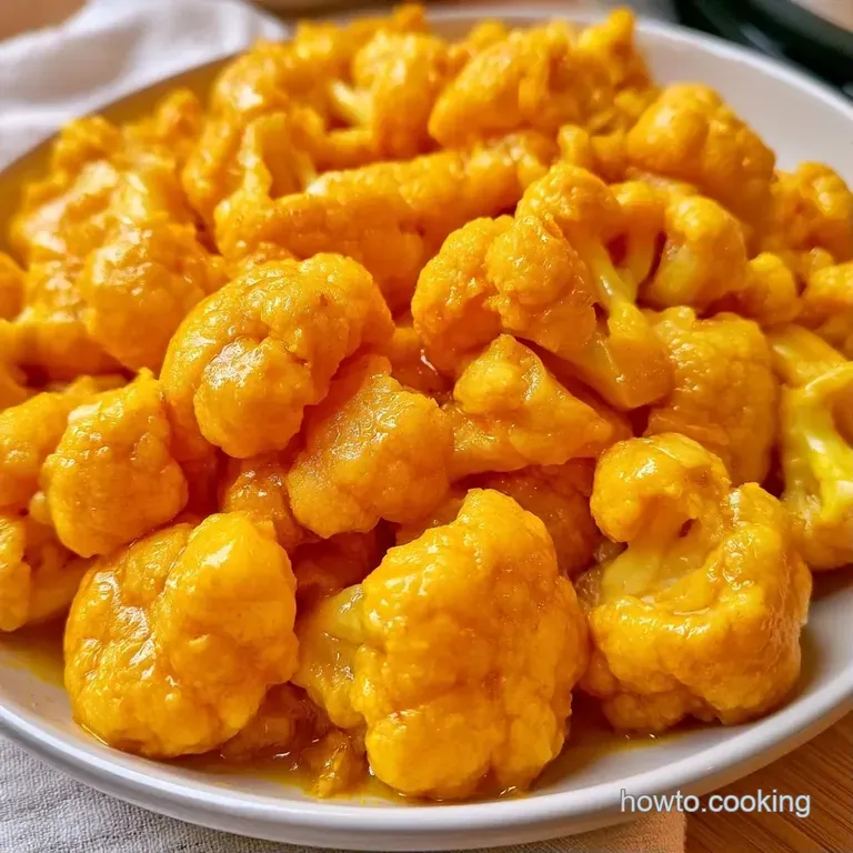 Vibrant yellow cauliflower florets arranged on a white ceramic plate with a sprinkle of fresh green cilantro leaves.