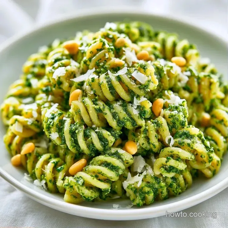 Elegant swirl of green-coated noodles in a white bowl, topped with golden toasted pine nuts and fresh basil.