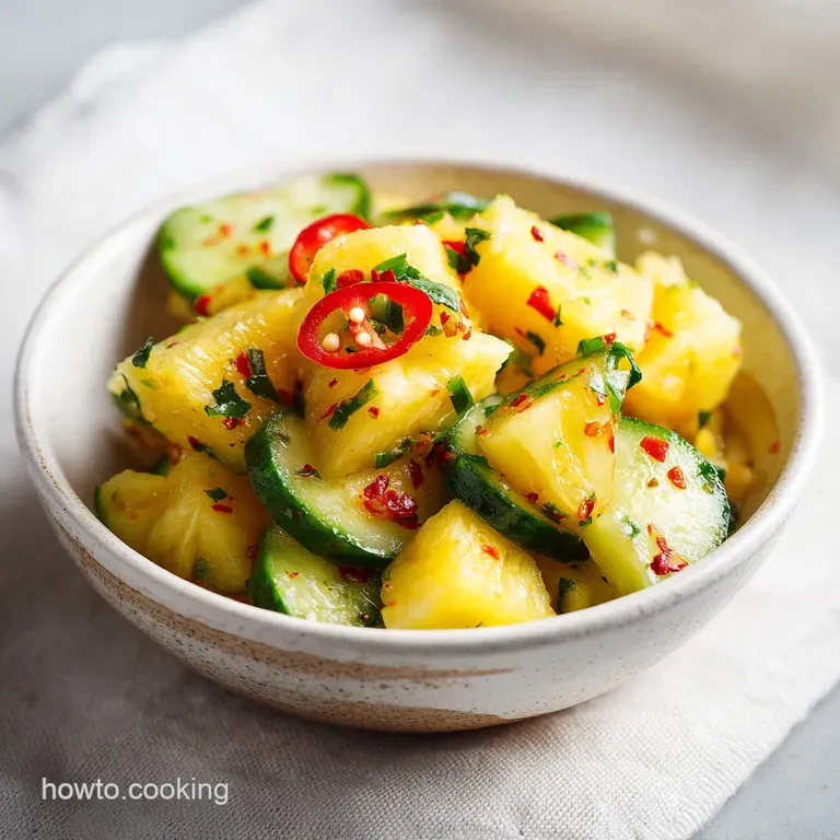 A white ceramic bowl overflowing with vibrant green cucumber and yellow pineapple, topped with fresh mint.