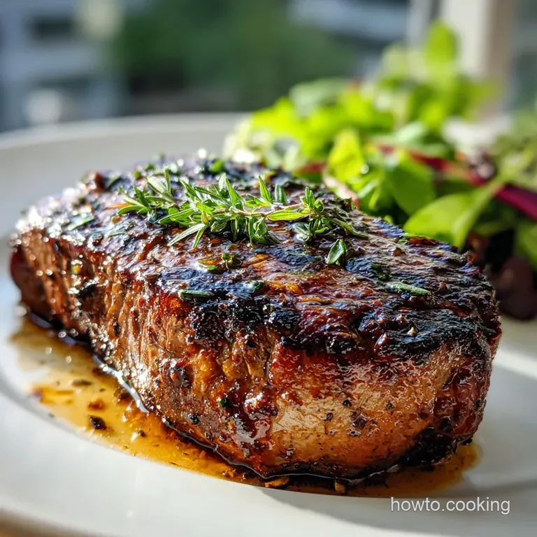 Perfectly seared steak slice with glistening mushroom gravy. Parsley sprig. Creamy mashed potatoes complete an elegant, de...