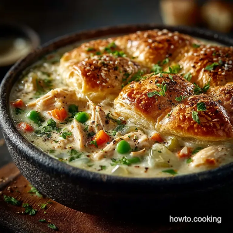 A Proper Good Bowl Creamy Chicken Pot Pie Soup with Cheesy Biscuit Toppers presentation