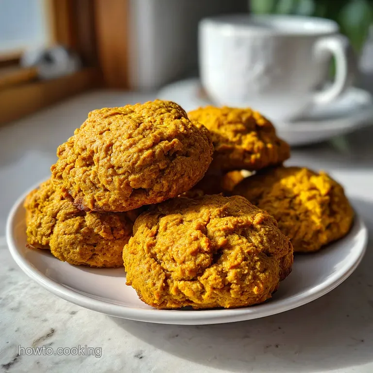 Three pumpkin breakfast cookies artfully plated on a white ceramic dish, with a dusting of cinnamon and a side of fresh fr...