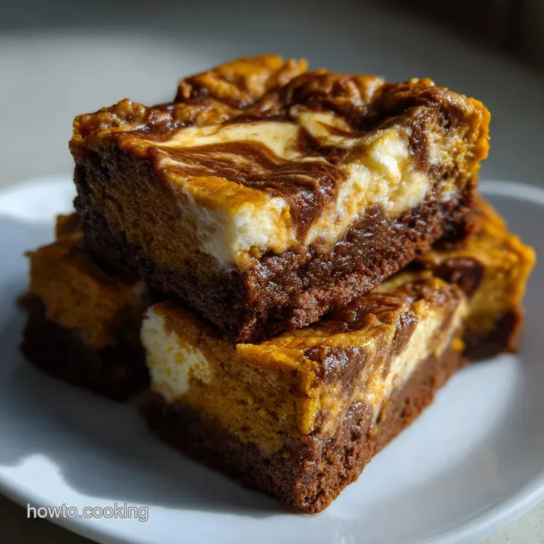Two pumpkin cheesecake brownies artfully arranged on a white plate. Brownie has a creamy pumpkin swirl. Garnished with a d...