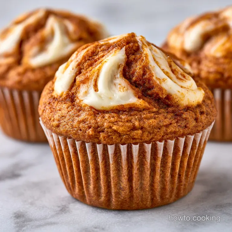 Golden-brown spiced cakes arranged on a linen napkin, each topped with a swirl of velvety white cream cheese.