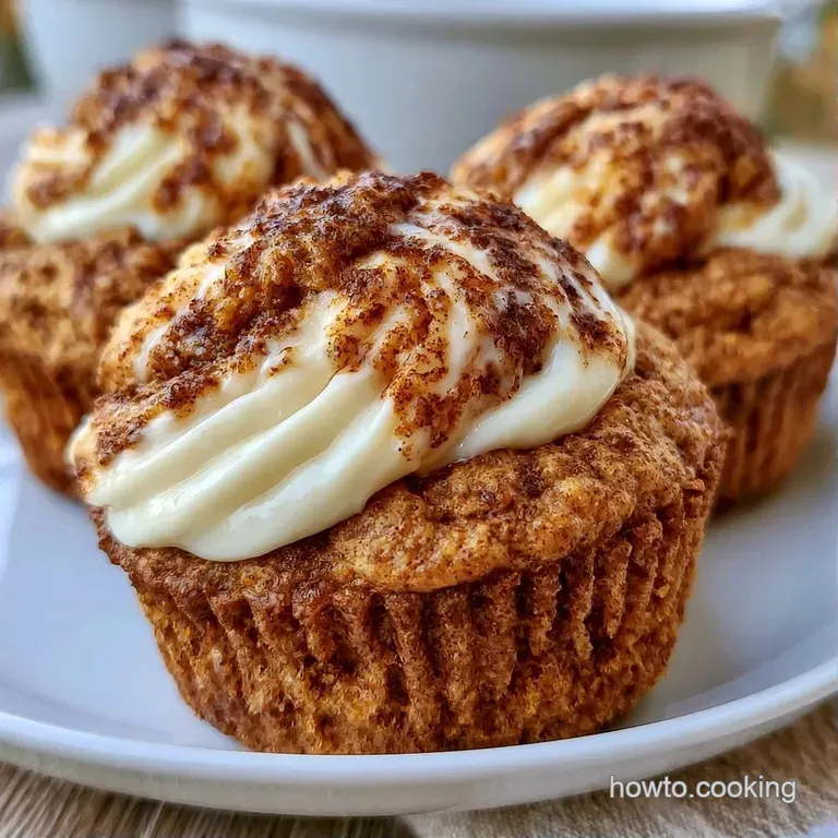 Warm orange muffin with a swirl of white frosting on a white plate, paired with a steaming cup of morning coffee.