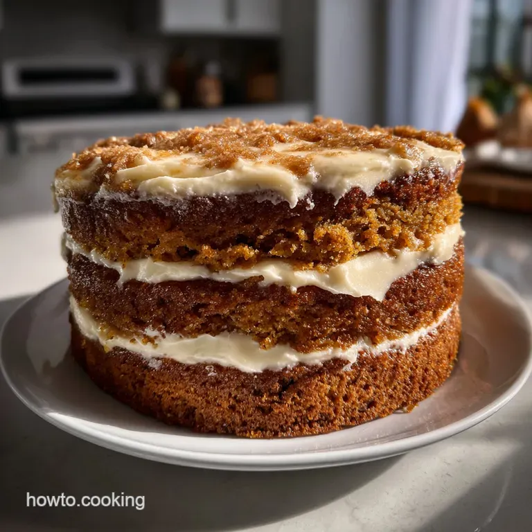 Slice of cake on a white plate. Creamy frosting with pumpkin-orange hues, a sprinkle of spice, and a fluffy, airy texture.