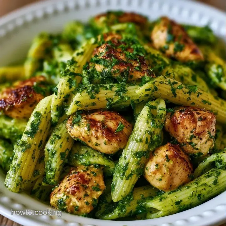 Swirled pasta coated in glossy green pesto, topped with grilled chicken and a sprig of fresh basil on a plate.