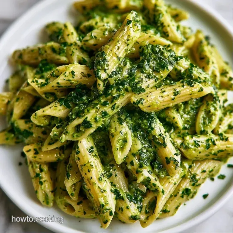 Al dente pasta twirled in a velvety green sauce, served in a white bowl with fresh basil leaves and shaved parmesan.