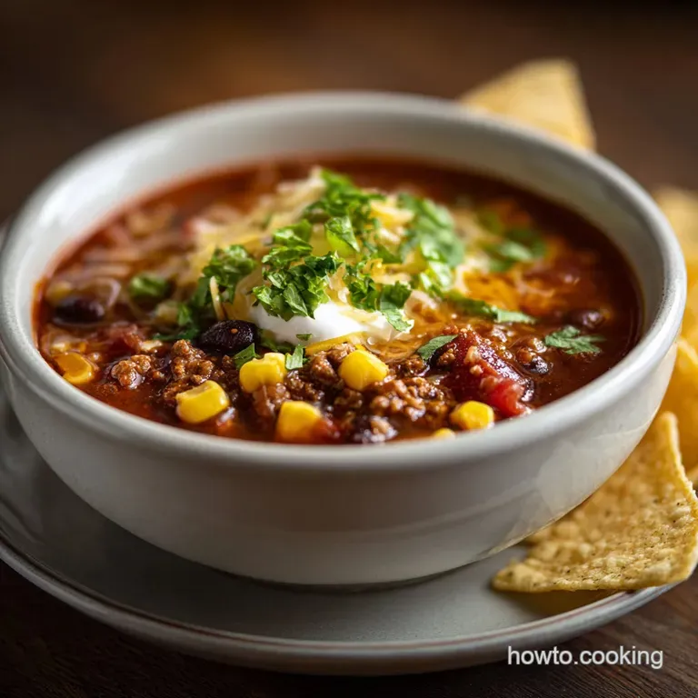 Steaming bowl of taco soup, brightened with fresh cilantro and a dollop of sour cream. Ground beef visible in the rich, re...