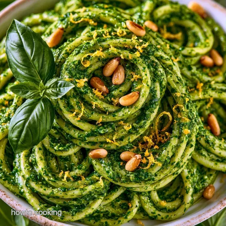 Al dente pasta swirled in a bright green sauce, topped with fresh basil and lemon zest on a white ceramic plate.