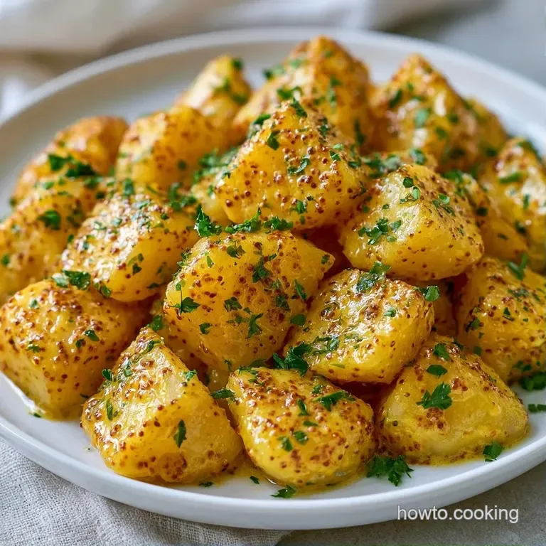 Chilled potato cubes coated in a rich white dressing, garnished with paprika and parsley on a slate serving platter.