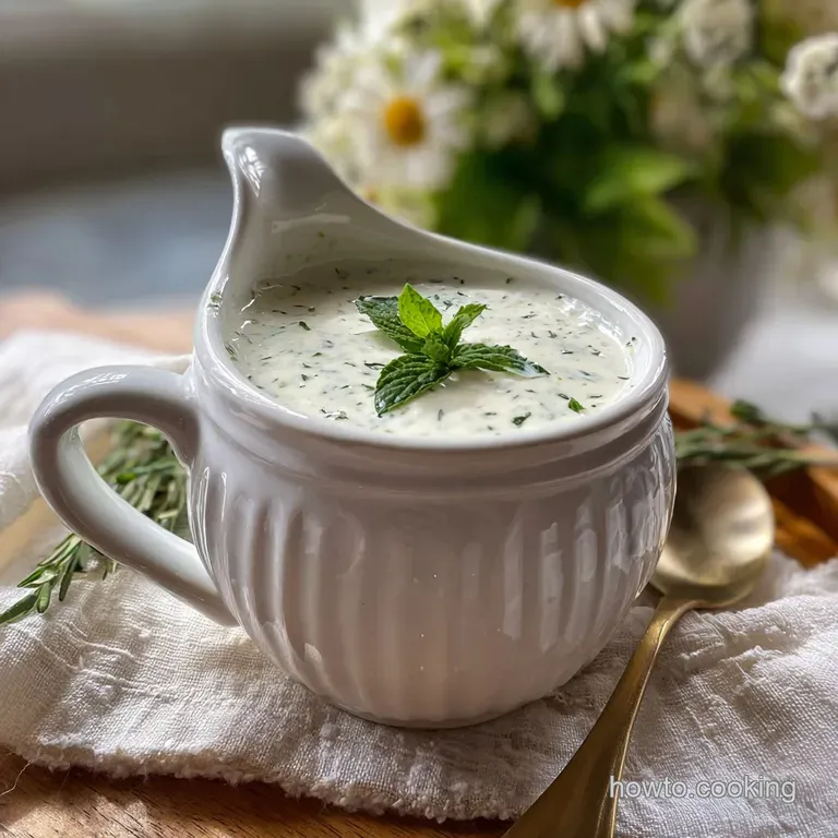 Ranch dressing drizzled artfully over crisp, green salad leaves. A creamy contrast of color & texture, a light & refreshin...