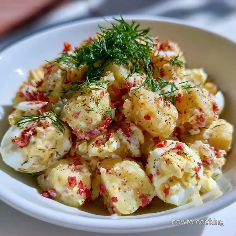 A minimalist white platter showing chunks of red potato, sliced boiled eggs, and fresh dill on a light linen cloth.