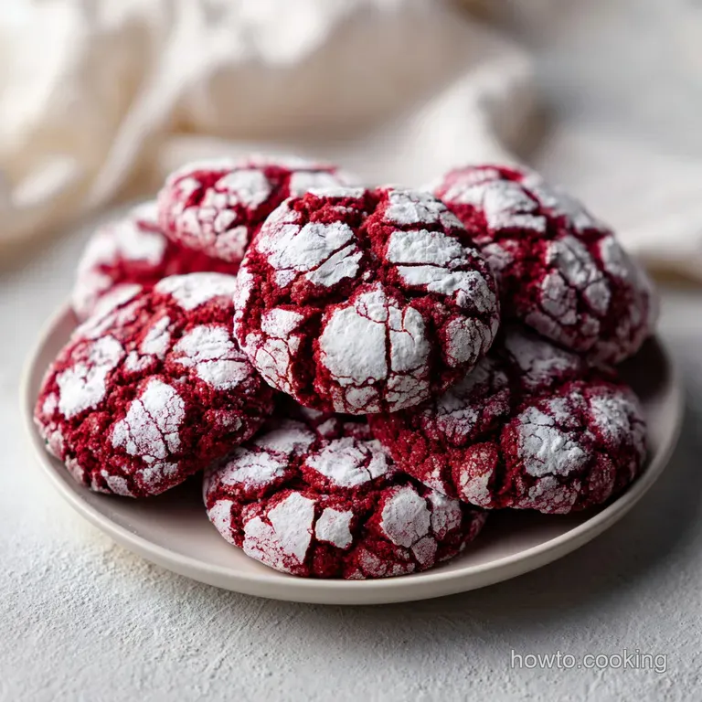 A neat stack of crimson-colored cookies with snowy white cracks on a white ceramic plate with a linen napkin.