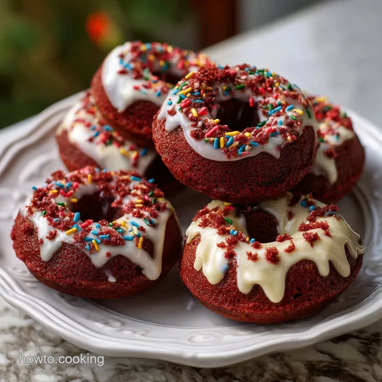 A single red velvet donut, artfully plated with a drizzle of white icing, sits beside fresh raspberries, a delightful treat.