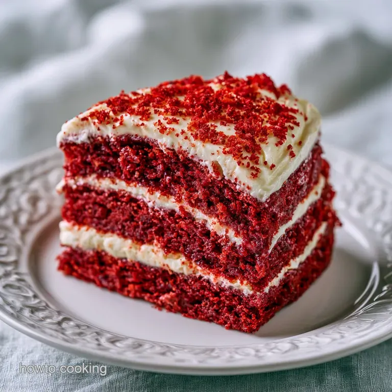 A slice of deep red cake on a white ceramic plate, topped with a swirl of frosting and fresh red berries.