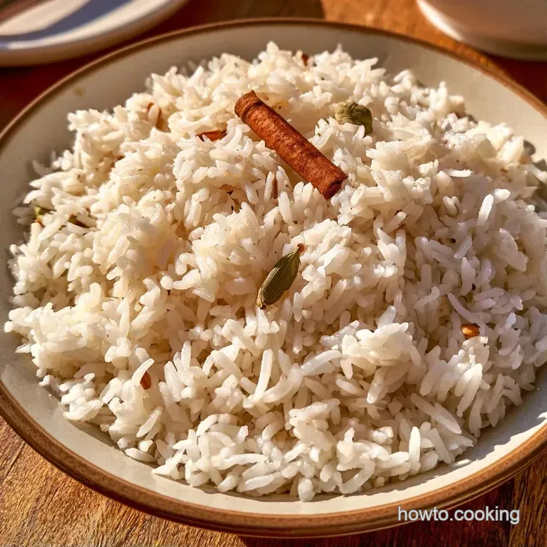 A neat dome of pearly white, long-grain rice on a matte ceramic plate, garnished with a sprig of fresh green cilantro.