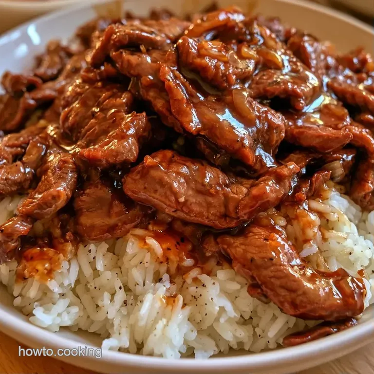 Glossy beef strips and fluffy rice in a white bowl, garnished with bright green scallions and cracked black pepper.