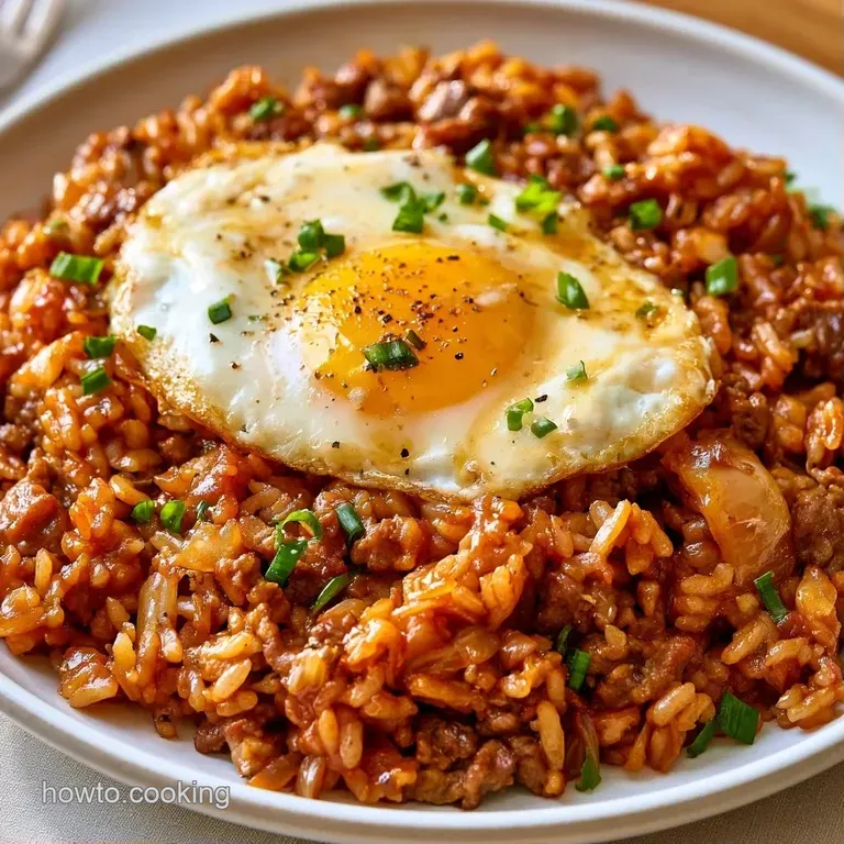 Glossy, reddish-orange rice and tender beef in a ceramic bowl, topped with fresh scallions and toasted sesame seeds.
