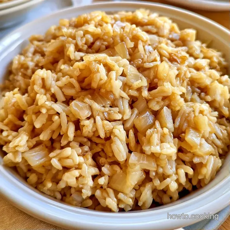 A neat mound of golden toasted rice garnished with fresh parsley on a matte black plate with a silver spoon.