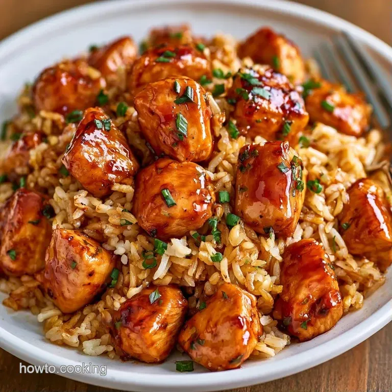 Plated mound of glistening chicken and fluffy rice on white porcelain, garnished with sesame seeds and sliced scallions.