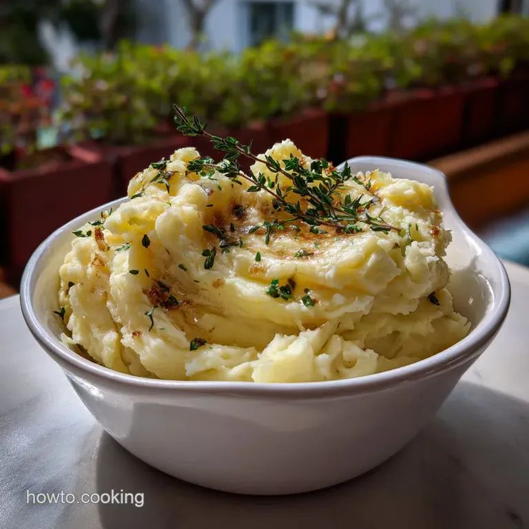 Creamy mashed potatoes artfully scooped onto a plate, garnished with fresh chives and a drizzle of olive oil, ready to be ...