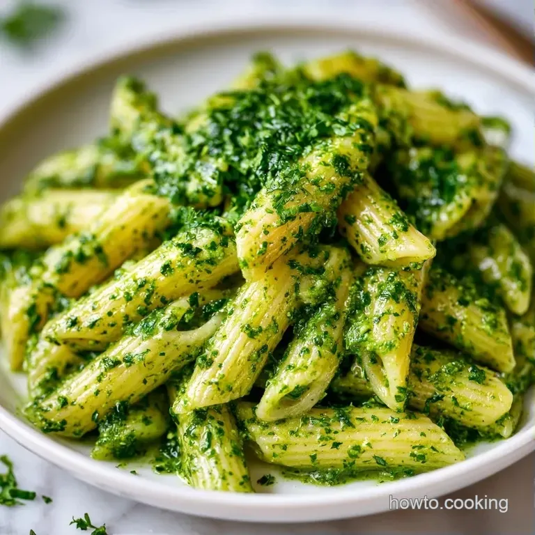 Elegant white bowl of green pasta topped with toasted pine nuts and a sprig of basil on a marble tabletop.