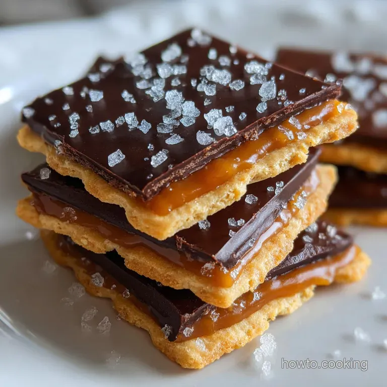 Squares of crisp Ritz cracker toffee artfully stacked on a white plate. Drizzled chocolate and chopped nuts provide a temp...