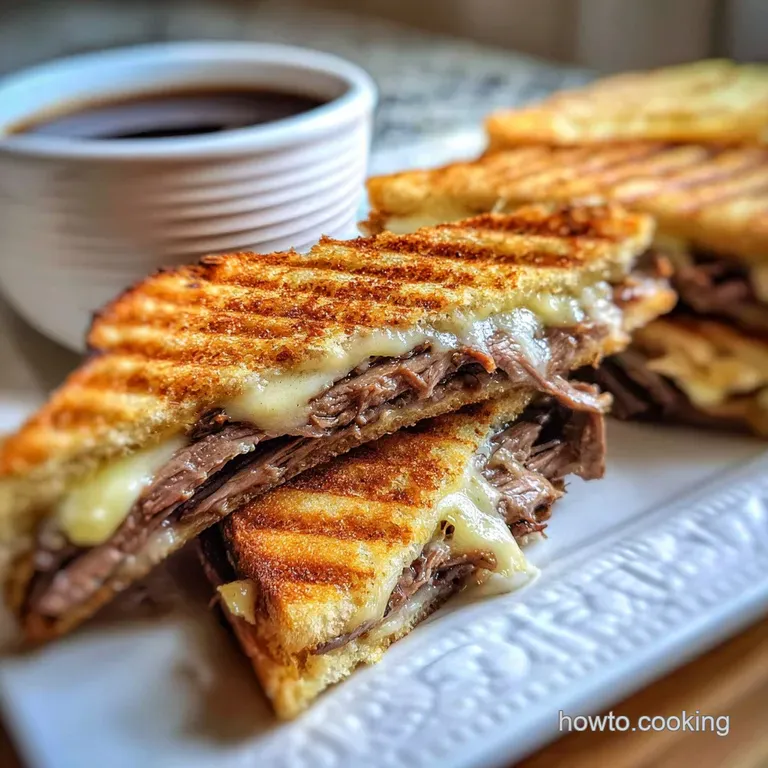 Stacked roast beef panini half, glistening with au jus, served with a side of crispy kettle chips.