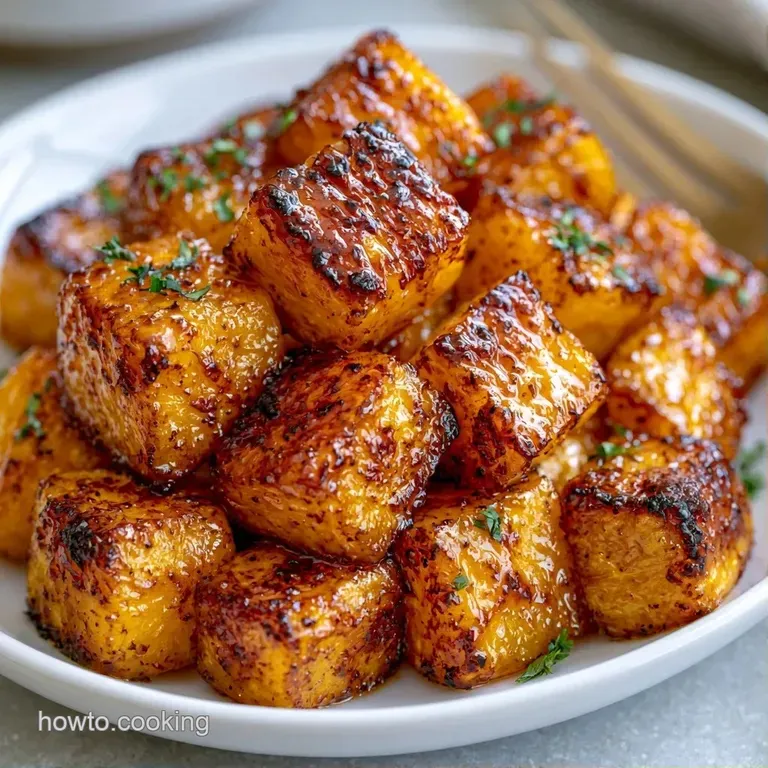 Golden-orange squash cubes piled on a white ceramic platter, garnished with fresh green herbs and cracked pepper.