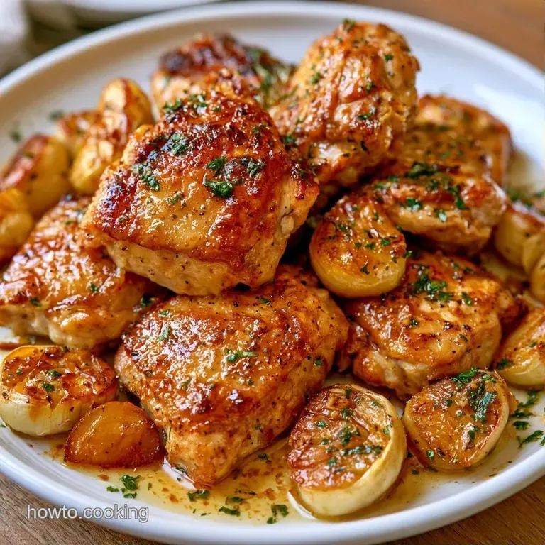 Plated roasted chicken with glistening skin, surrounded by softened garlic cloves and a sprig of fresh thyme.