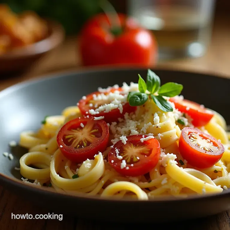 Sunkissed Summer Roast Creamy Ricotta Pasta with Burst Cherry Tomatoes and Caramelised Garlic presentation
