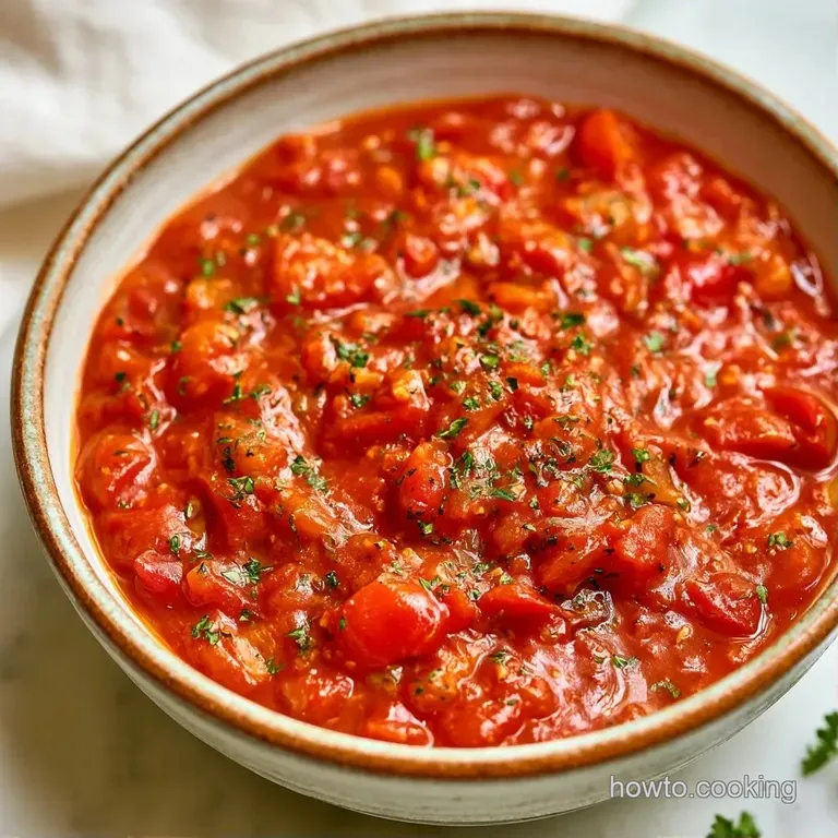 Rich, velvety crimson sauce swirled over al dente pasta, garnished with a sprig of fresh basil and olive oil.